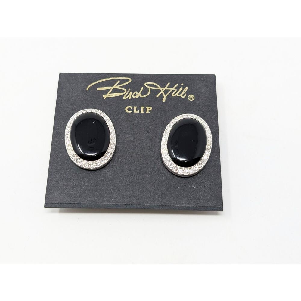 Birch Hill Earrings Black Oval Silver Tone Rhinestone Trim Clip On New